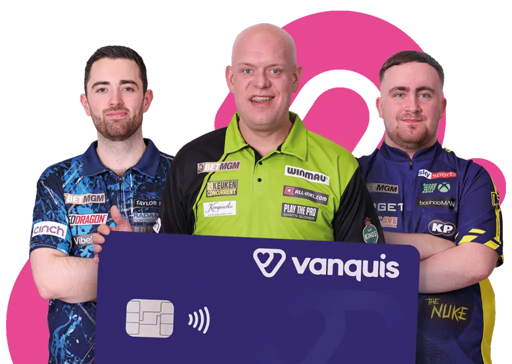 Luke Humphries, Michael van Gerwen and Luke Littler holding credit card