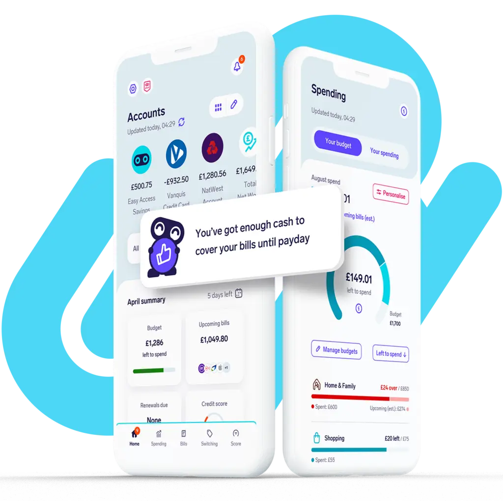 Two screens showing the Snoop app homepage and the budgeting tool