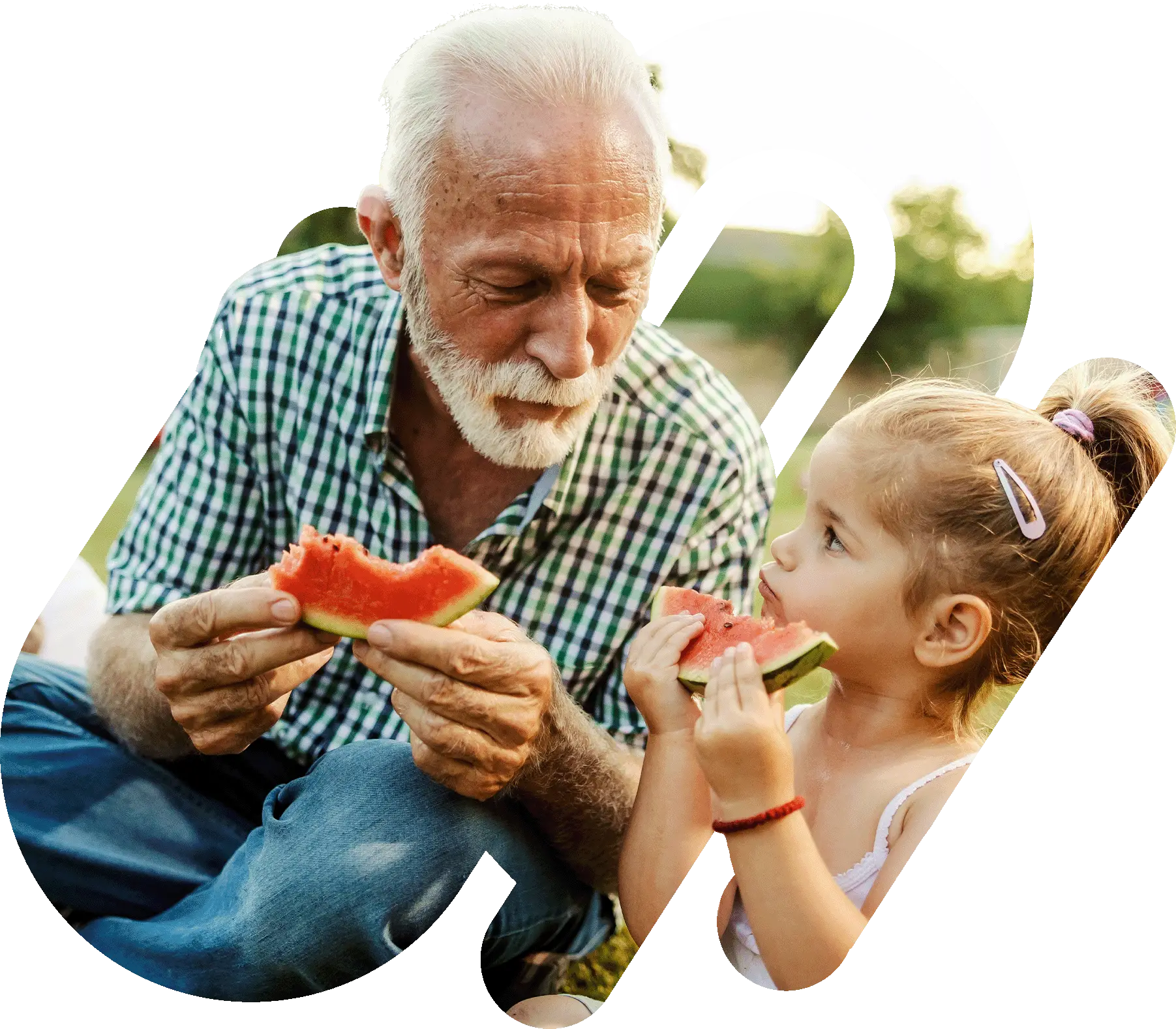 Grandparent child eating melon