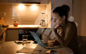 Woman looking at Laptop in Kitchen