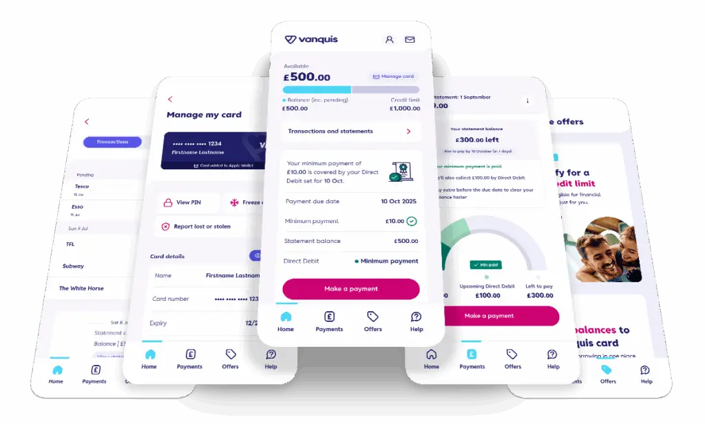 A collection of screenshots from the new Vanquis mobile app. Shows the new home screen and tools to help make managing your credit easier.