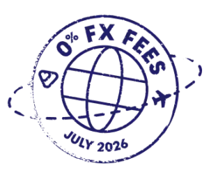 Icon showing a plane circling the globe with text displaying 0% FX fees, July 2026.