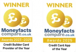 MoneyFacts company award - Credit builder cards provider of the year 2023 - 2025. Credit card app of the year 2025
